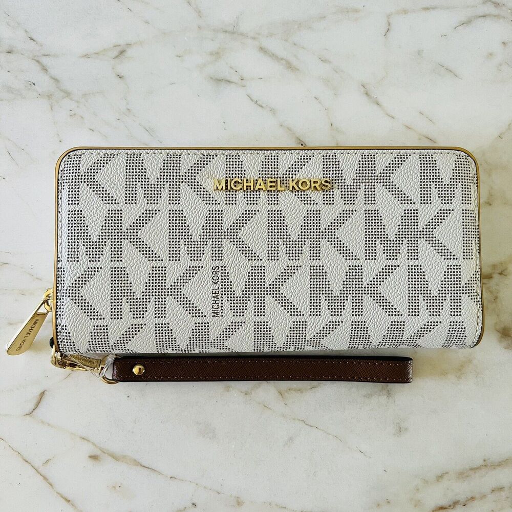 MICHAEL KORS Specchio Jet Set Travel Vanilla Continental Zip Wallet Wristlet